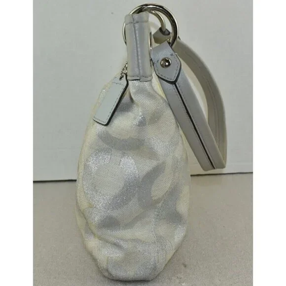 Coach Womens Ashley Signature Op Art Hippie Purse Silver Cream Shoulder Handbag - Picture 5 of 14